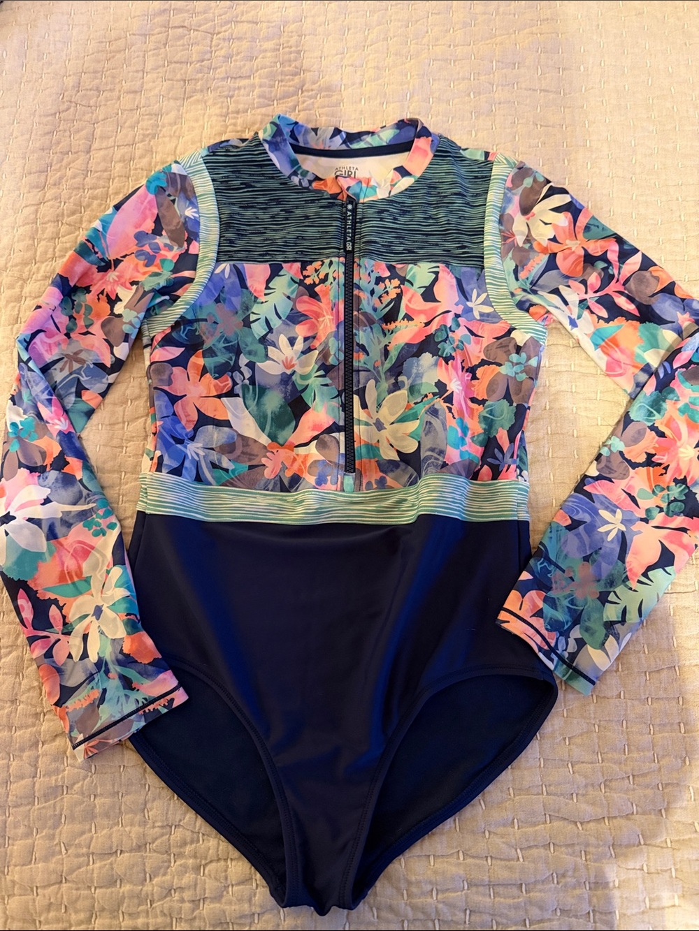 Athleta Girl Floral Navy Long Sleeve One-Piece Swimsuit - Size XXL (16)